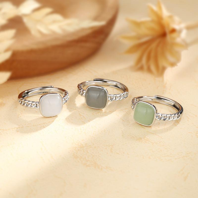 PONYKISS Tibetan Silver Square Jade Chain Adjustable Rings for Women Trendy Fashion Minimalist Chinese Style Accessories