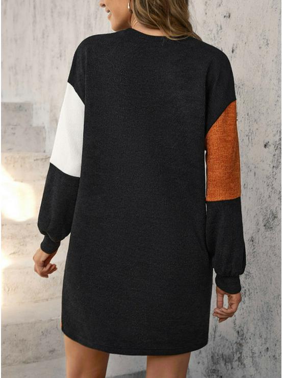 Autumn European & American Long-Sleeve High Neck Knitted Spliced Wool Dress