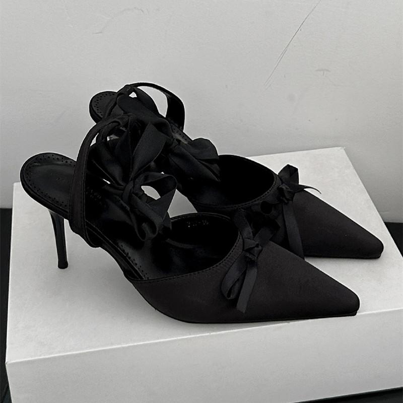 Fashion Fashion Bowknot Satin Ankle Strap Women Pumps Elegant Pointed toe Stiletto High heels Female Slingbacks Wedding Prom Shoes