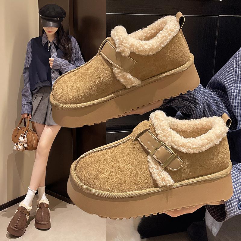 Women's Thick Bottom Belt Buckle Hairy Mouth Fashion Winter Lightweight Warm Anti Cold Snow Boots Non-slip Casual Sneakers Cotton Boots