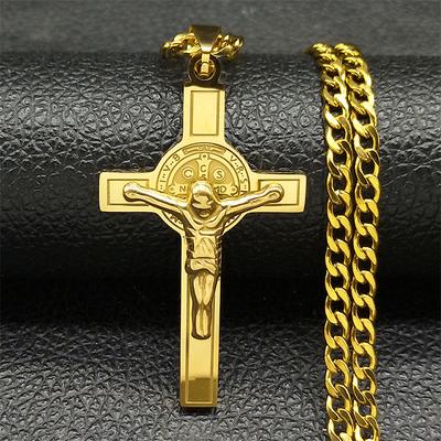 Stainless Steel Gold Color Celtic Crucifix Necklace Saint Benedict Necklace for Women Men Jewery
