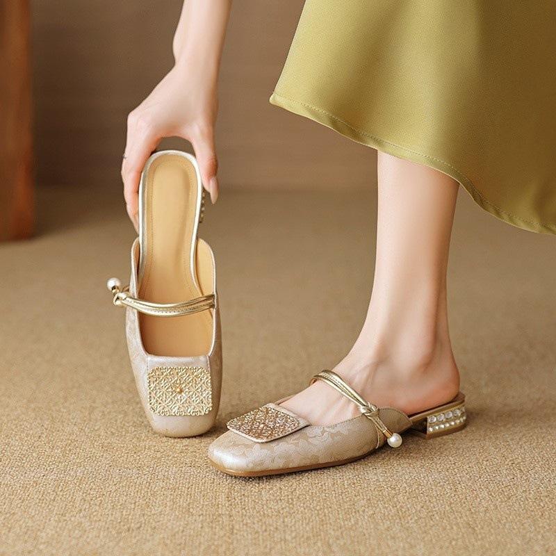 Baotou half slippers women's summer wear one word with square head thick heel cool slippers half tray