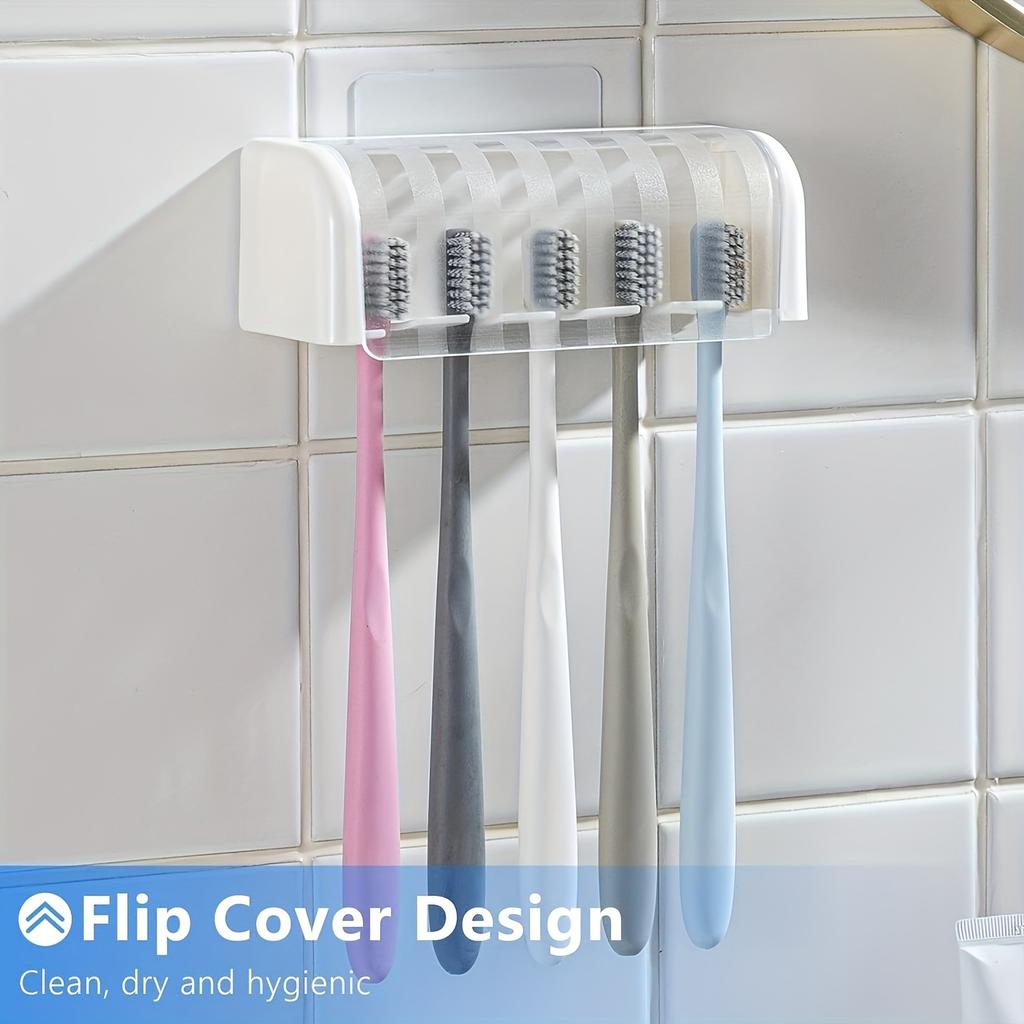 A Covered 5-slot Toothbrush Holder Self-adhesive Wall Toothbrush Storage Rack Plastic Bathroom Supplies