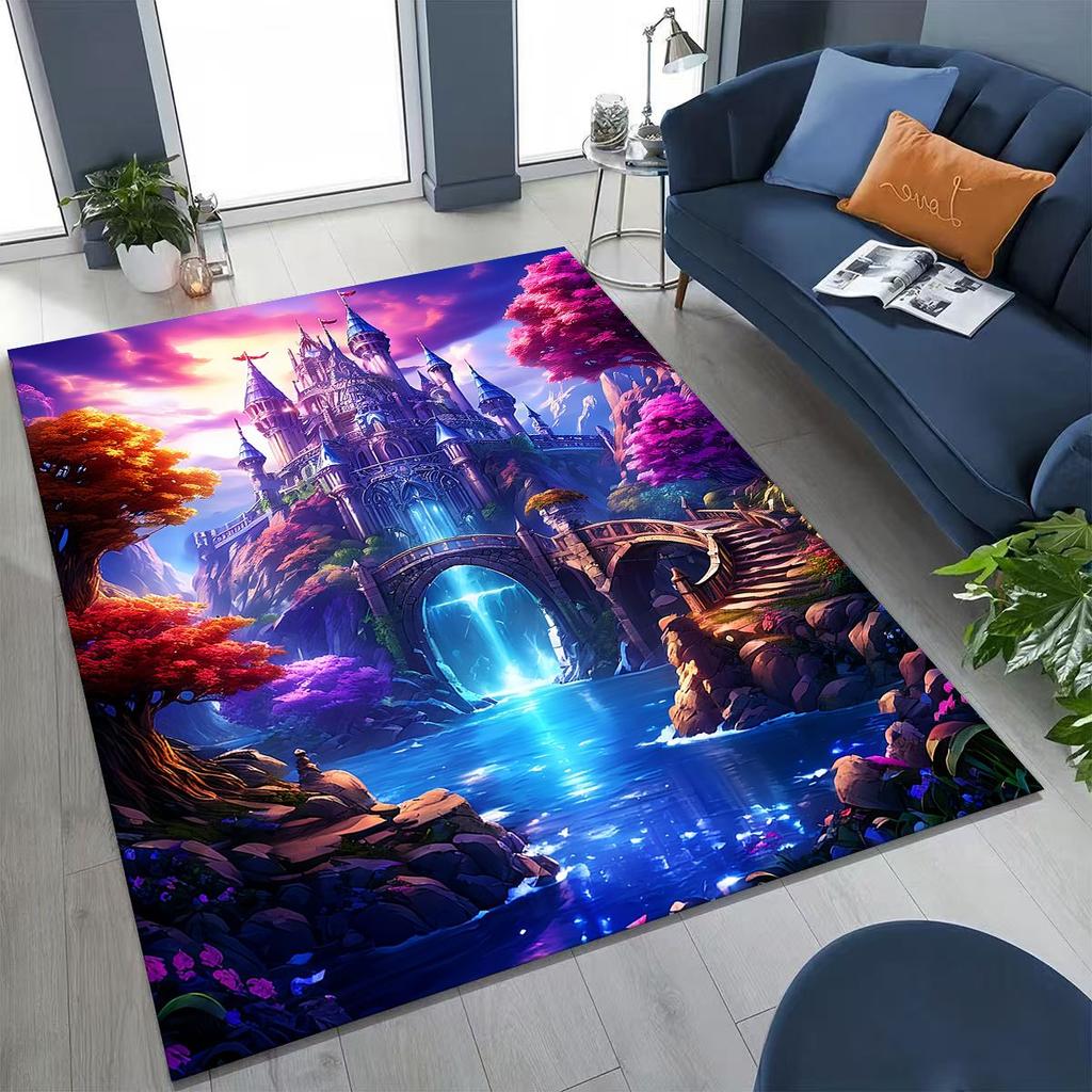 Enchanted Fairytale Princess Castle Gothic Castle Cartoon Rug for Bedroom Living Room Sofa Home Doormat Decor, Kids Non-slip Mat