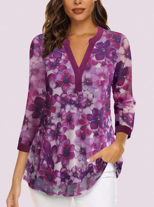 Women's European & American V-neck 3/4 Sleeve Printed Chiffon Loose Plus Size Top