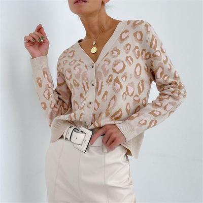 Leopard Print Woolen Cardigan Women'S Fall/Winter 2021 New Long-Sleeved V-Neck Sweater