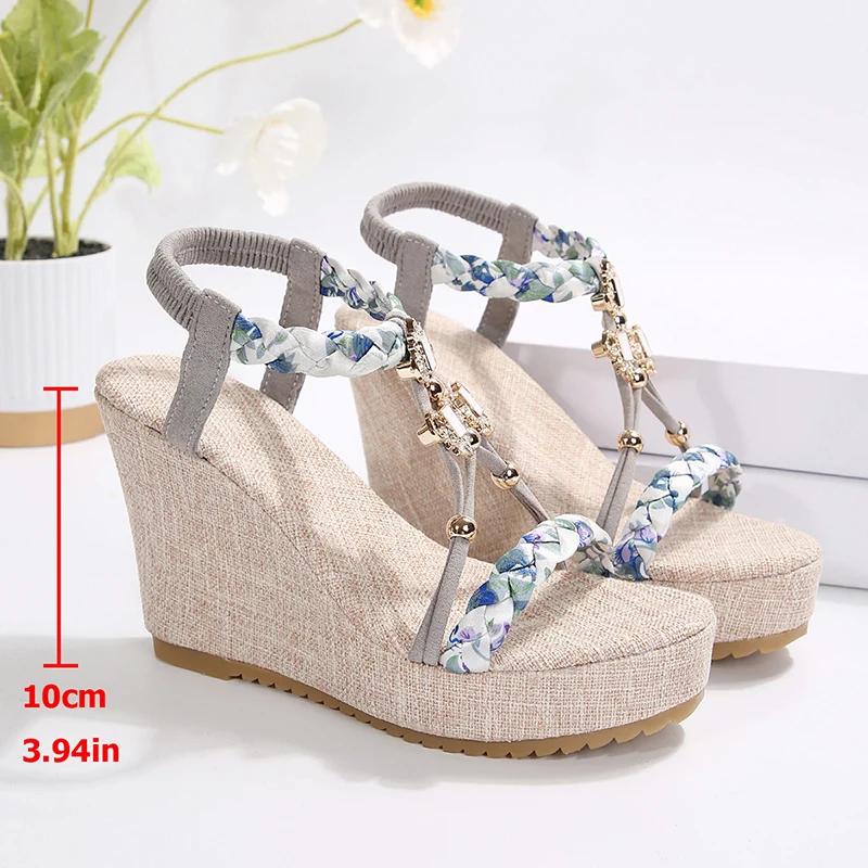Fashion Metal Decoration Wedge Heel Sandals for Women 2025 Summer Chunky Platform Sandals Woman Thick Bottom Printed Bohemian Sandalias