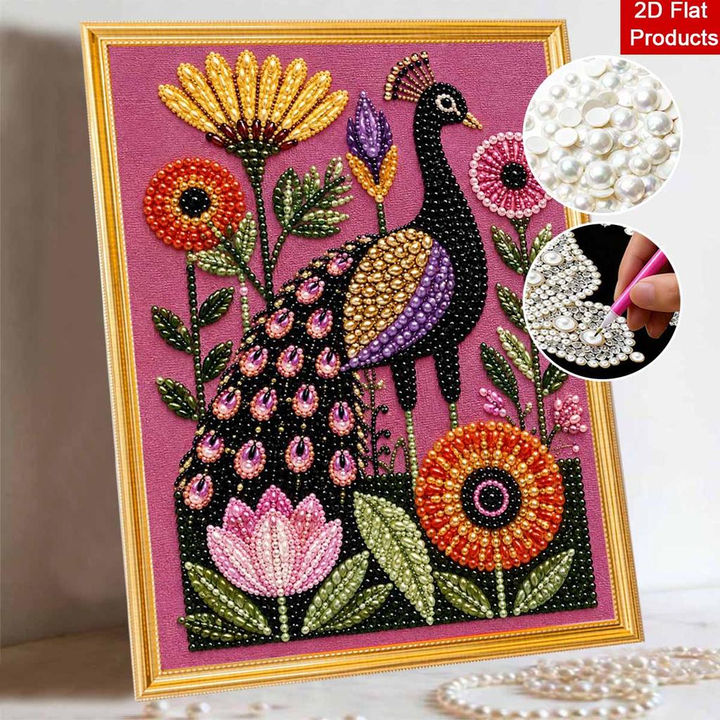 Peacock Flower Pearl Painting Kit with Frame Sparkling Bead Canvas Romantic Handmade Wall Decor Gift for Women