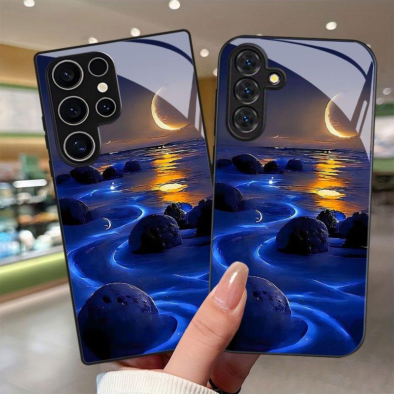 Luminous beach stone patterned glass phone case suitable for Samsung Galaxy S26 S25 S24 S22 S21 S20 FE/Ultra/Plus anti fall