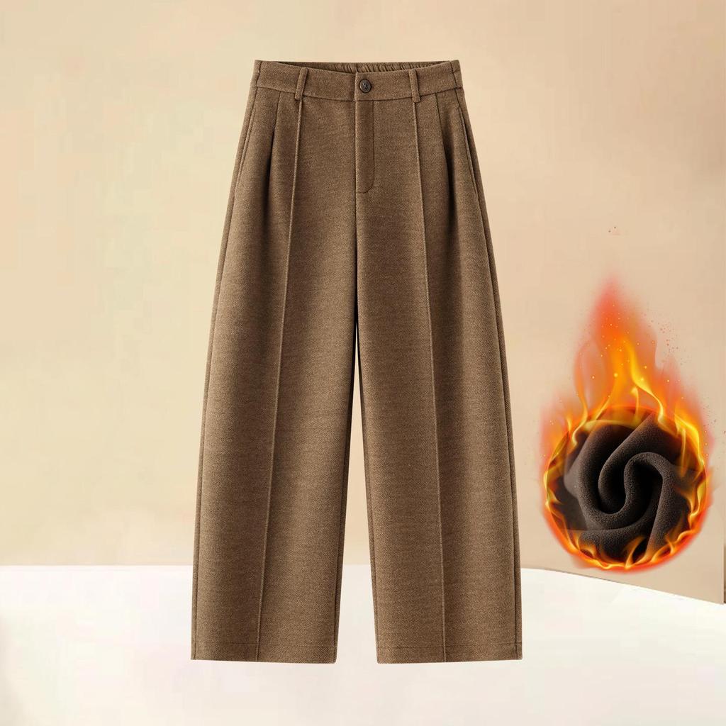 Women's Plus Velvet Wool-Blend Wide-Leg Scimitar Pants - Winter Warm, Thick, Short-Length, Straight-Cut, Nine-Point Casual Style