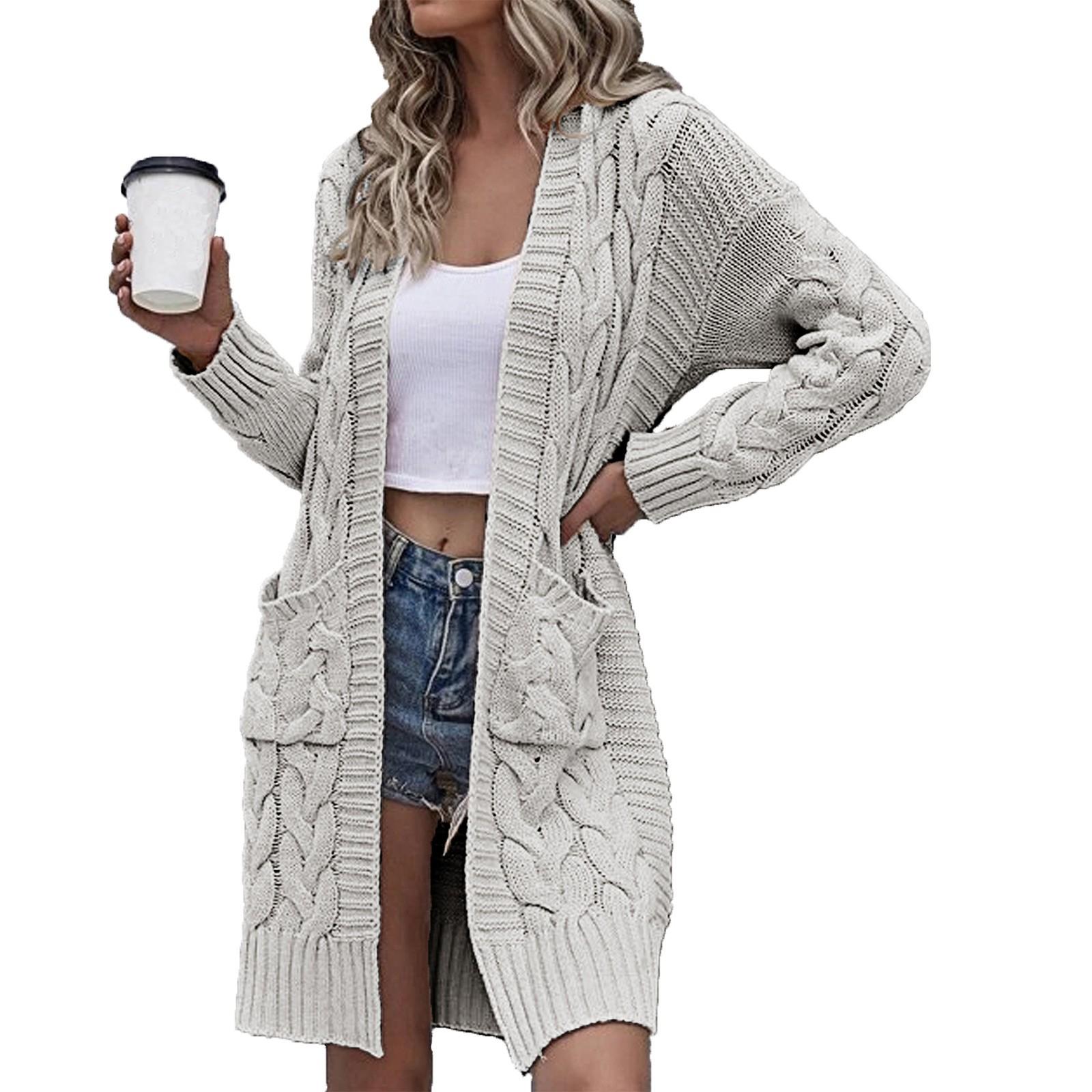 

Женский однотонный кардиган с длинными рукавами и карманами с открытой передней частью, вязаные свитера, пальто XXL