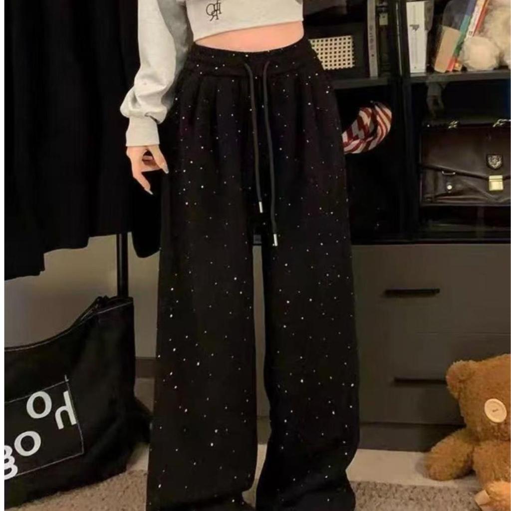 Pantaloni Larghi con Strass Stile Coreano da Donna - Grigio Scuro, Drappeggio Ampio, Lunghezza Pavimento, Autunno/Inverno 2026