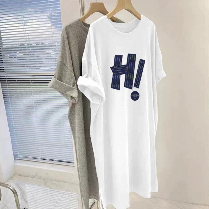 White Dress Loose Cotton Short-sleeved Long T-shirt Women's Skirt Fat Belly and Thin Large Size Split Skirt