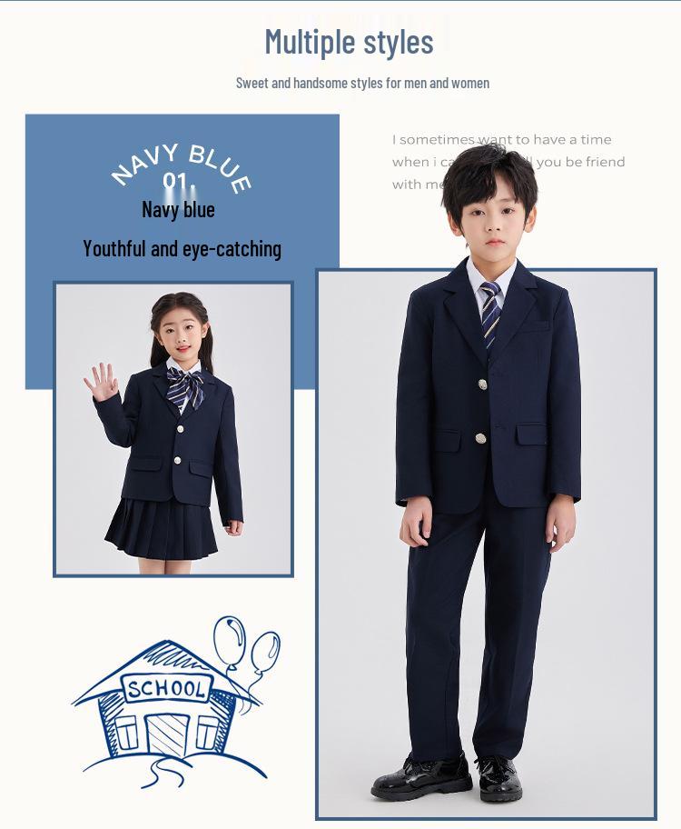 Spring/Summer Kids' British College Style Navy Blue Kindergarten Uniform Set for Performances