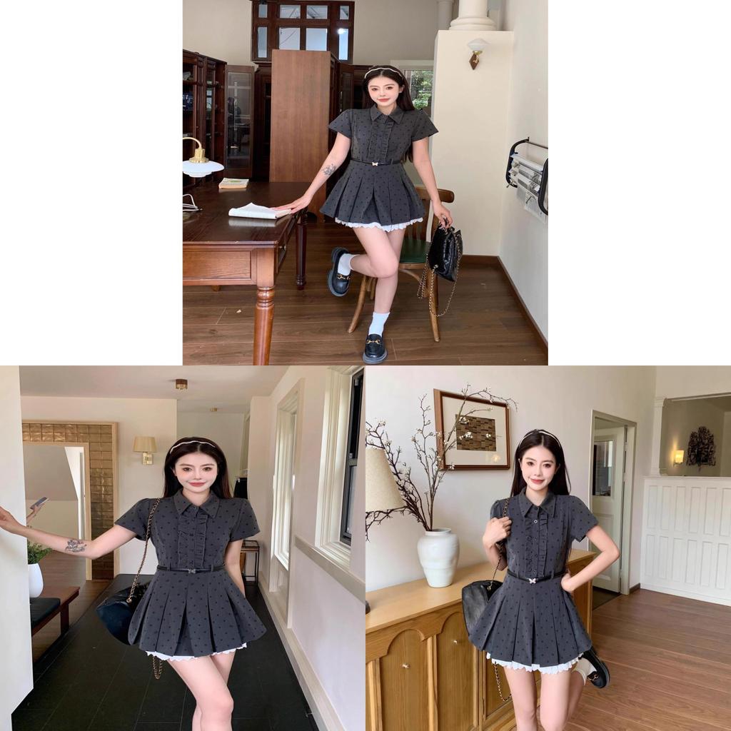 Korean Vintage Polka Dot Short Sleeve Dress With Polyester Mesh Panel For Summer Casual Wear