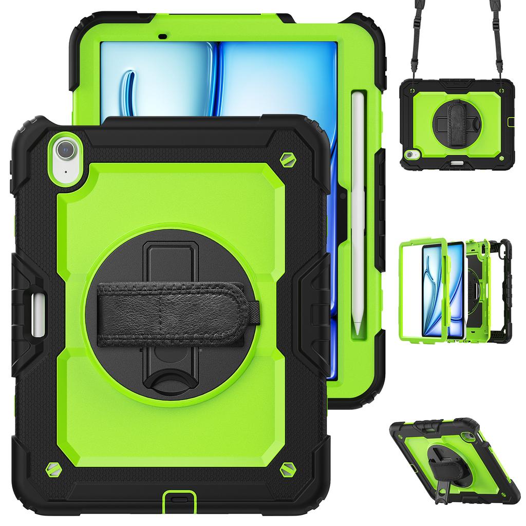 For iPad Air 11 (2025)/(2024) Case Rotating Kickstand PC+Silicone Tablet Cover with Screen Film/Shoulder Strap
