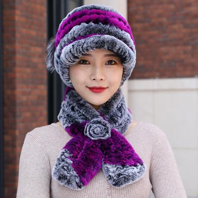 Wintermütze und Schal Set Gestrickte Damen Echter Kaninchenfell Beanie und Schal Damen Gestrickte Echte Rexkaninchenfell Mützen Naturfellmützen