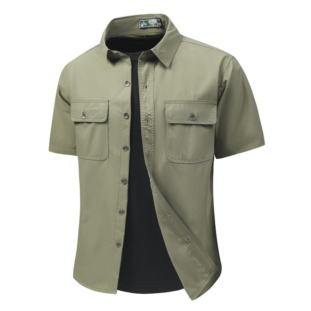 Short Sleeved Shirt Men's Summer Casual Men's High Elasticity Comfortable Solid Color Workwear Shirt Autumn Multi Pocket Shirt
