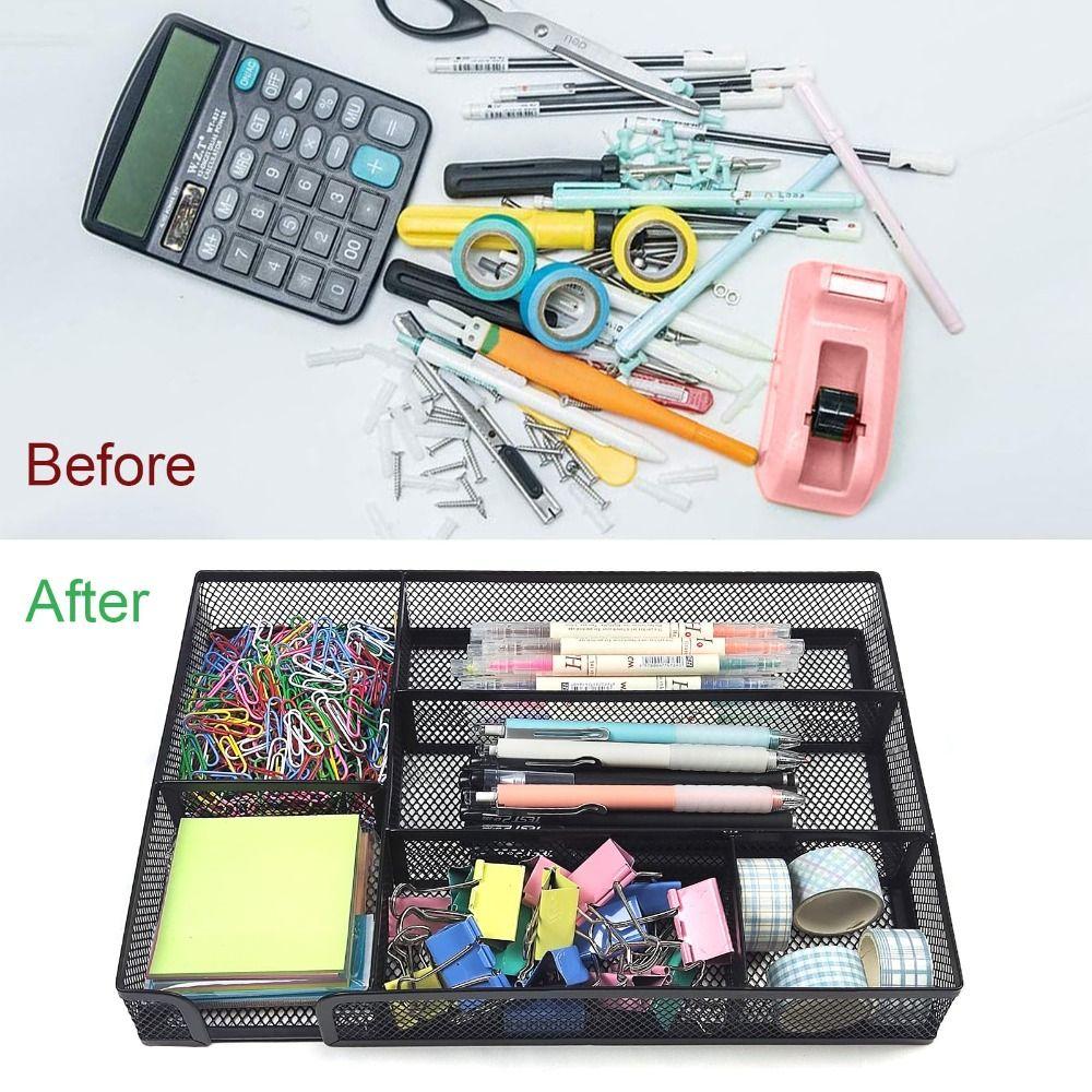 6 Compartments Desk Drawer Organizer Tray Mesh Pen Organizer Storage Box Stationery