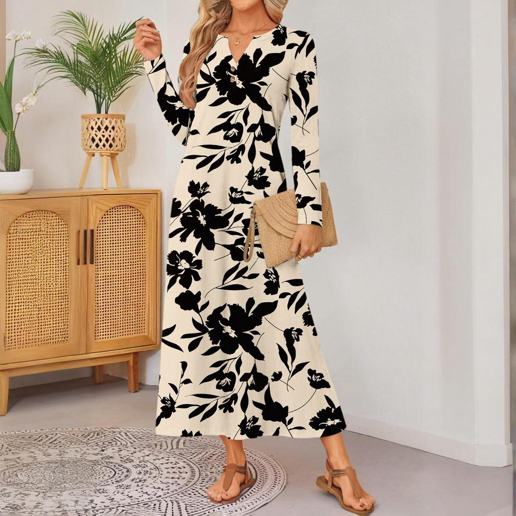 Women Retro Printed Long-sleeved Comfortable Loose Dress, Elegant Dress