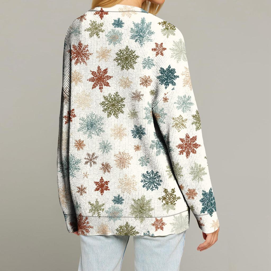 Women's Fashion Long Sleeve Print V-Neck Button Loose Cardigan Top