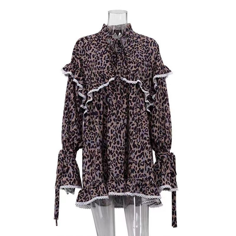 

Fashion Print Dress Fashion Flared Sleeves Lace-up Skirt Lace-up Flared Sleeve Dress Brown S