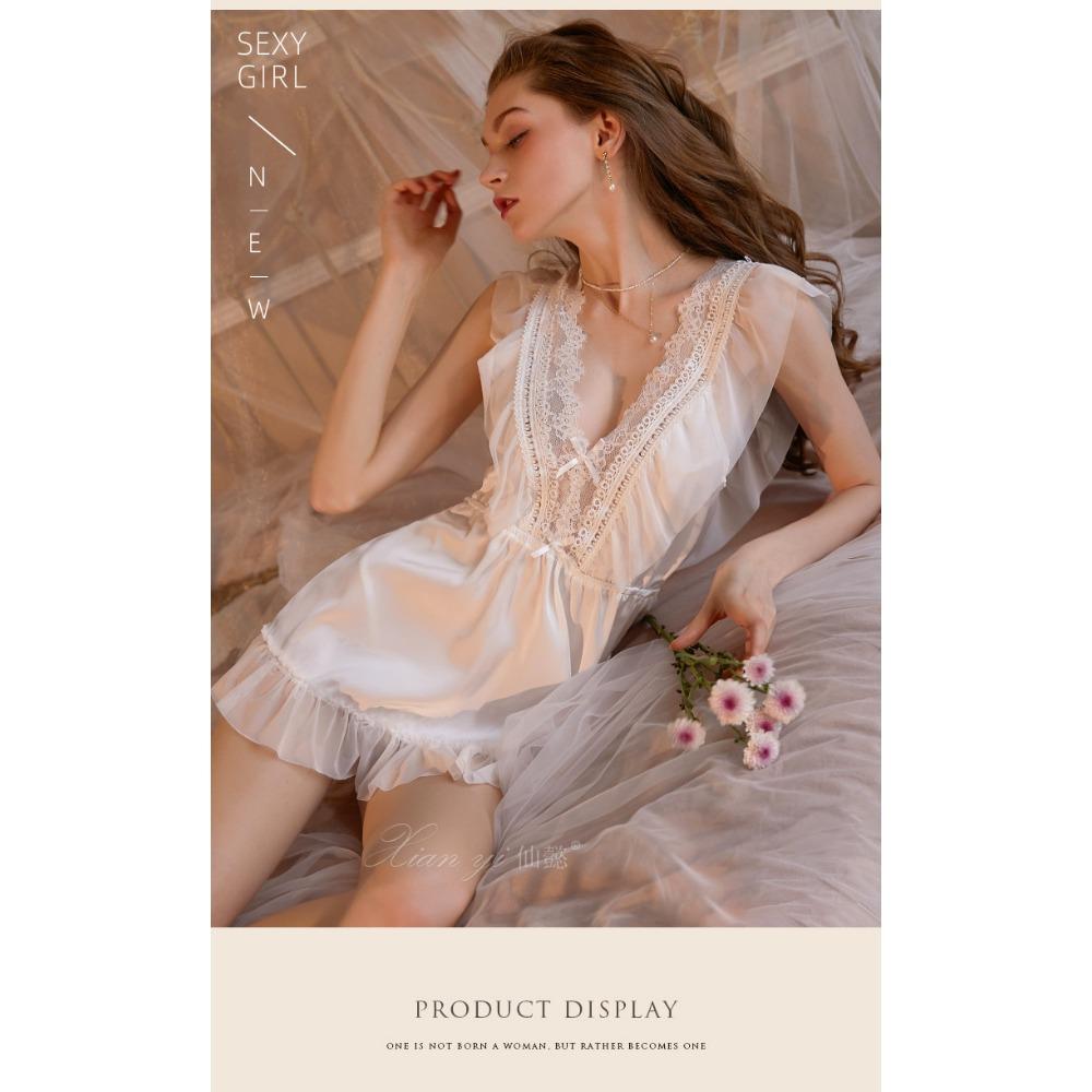 Xianyi Autumn and Winter Sexy Underwear Lace Princess Style Pajamas Women's Deep V Backless Satin Pajamas Loungewear Set 432