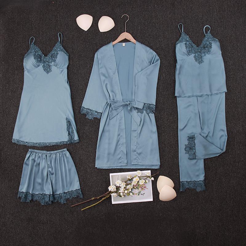 Yao Ting Satin Chiffon Five-Piece Pajama Set: Ice Silk, Casual, Sexy, with Chest Pads for Spring/Summer