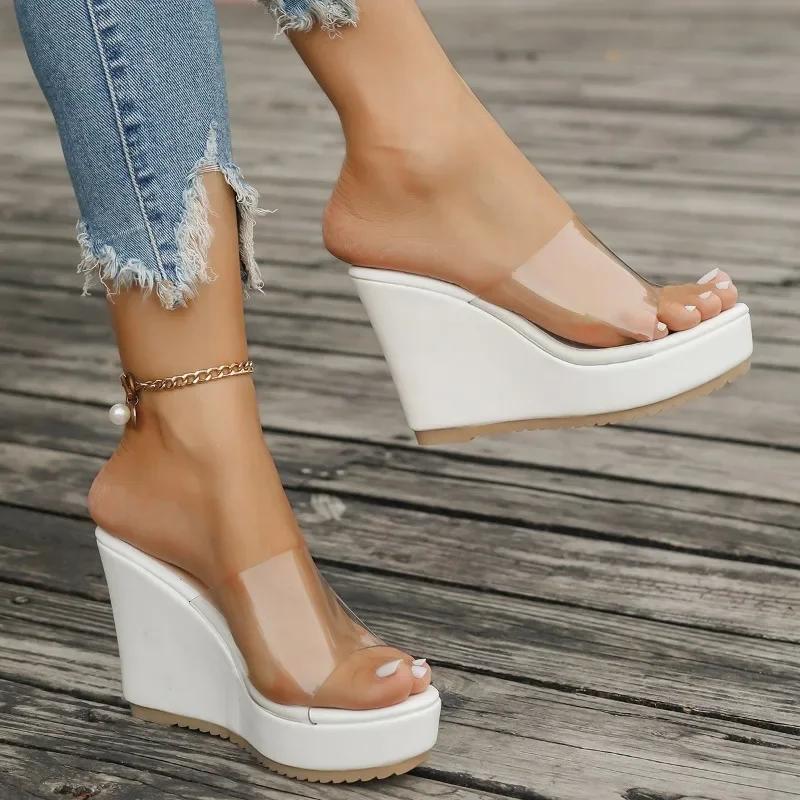 Fashion Ladies Shoes 2024 Hot Sale Open Toe Women's Slippers Summer Transparent Solid Outdoor Casual Platform Wedge Large Size Slippers