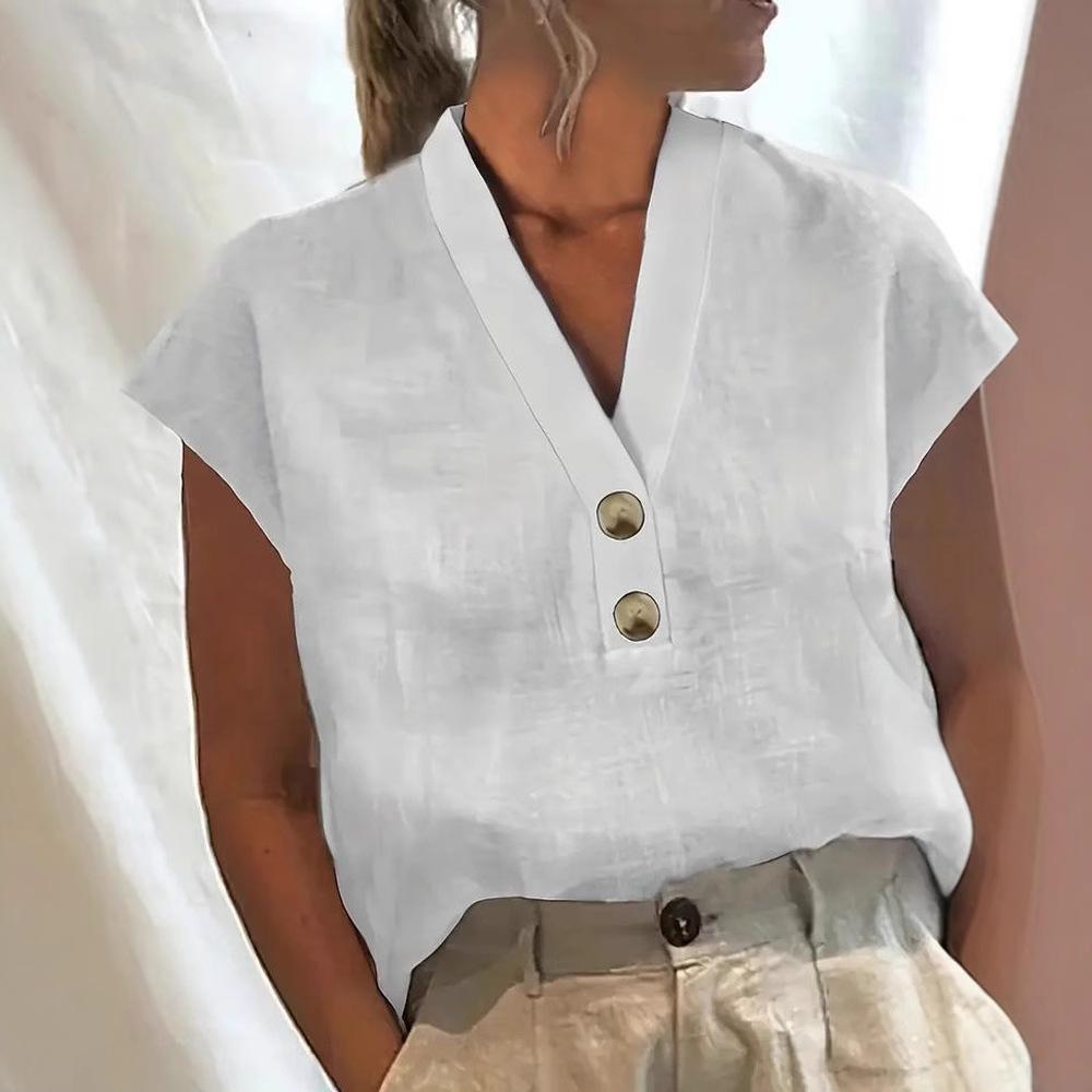 QICED Women's Fashion Casual Solid Color Print Short Sleeve V Neck Blouses & Shirts