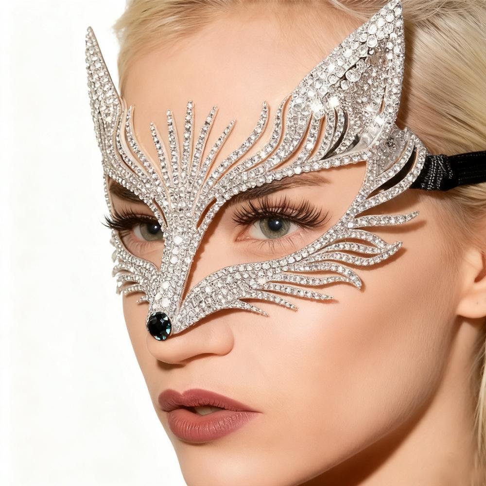 Halloween Rhinestone Fox Mask Veil Masquerade Women Accessories Carnival Cosplay Geometric Crystal Face Chain Mask Party Jewelry