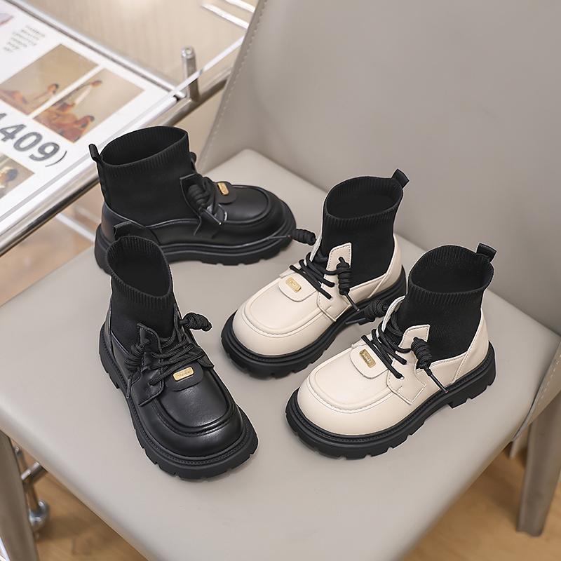 New Girls Socks Boots Black Beige Thick Bottom Kids Causal Fashion Boots Round-toe Patchwork Princess Children Shoes Non-slip