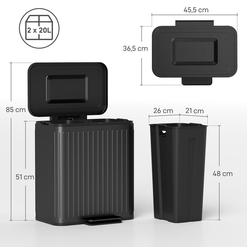 40L Dual Compartment Rubbish Bin, with Soft-Close Lid - Black
