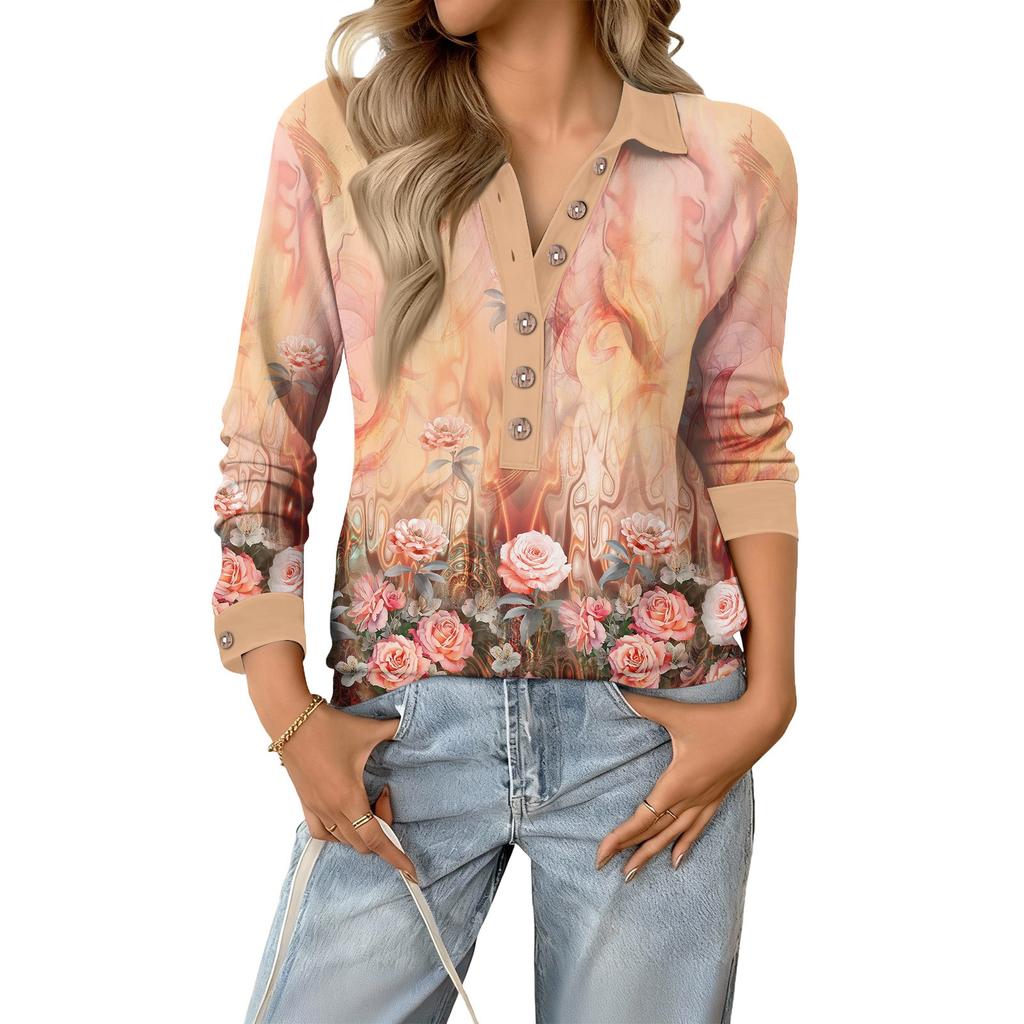 Damen lockeres V-Ausschnitt langärmeliges Knopfleisten-Blumen-Pullover-Oberteil