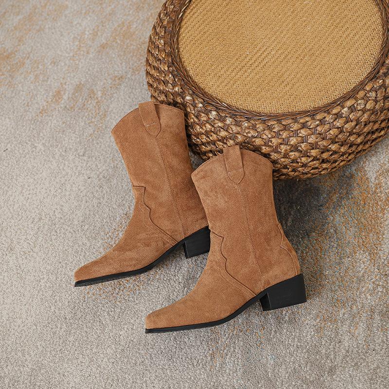 inner height increase thick heel V mouth small short boots women's spring and autumn new square head retro comfortable thin boots spring and autumn