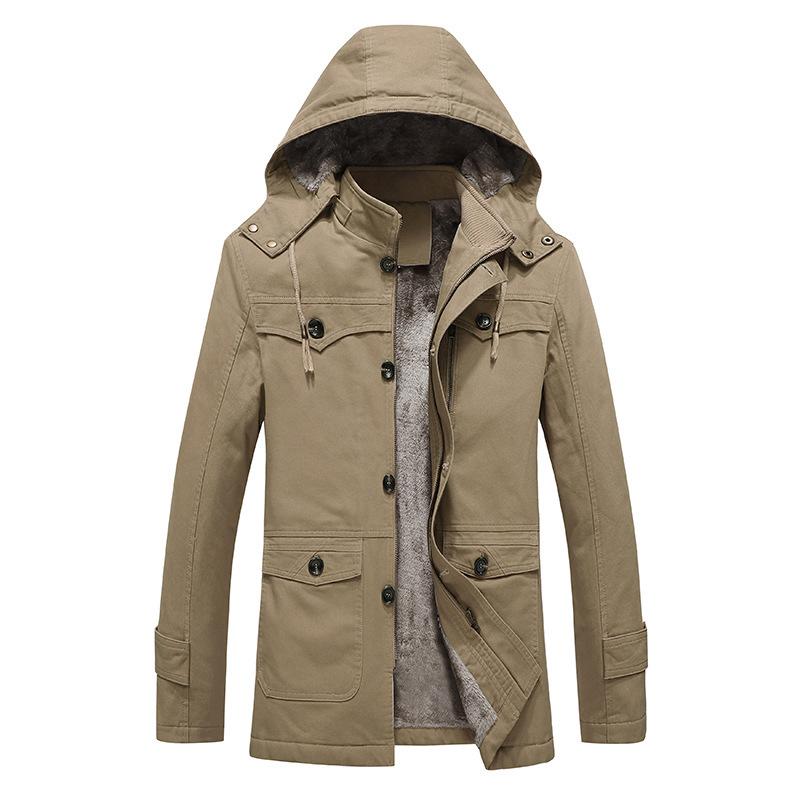 New Autumn and Winter Men's Velvet Thickened Jacket Pure Cotton Washed Mid-length Hooded Jacket