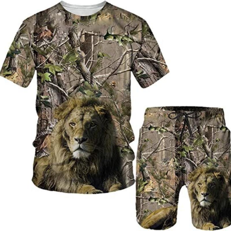 Plus rozmiar 3D nadruk lwa męska fajna koszulka z krótkim rękawem zestaw do fitnessu sportowego letni styl uliczny ponadgabarytowych graficznych 2 szt. Odzież męska