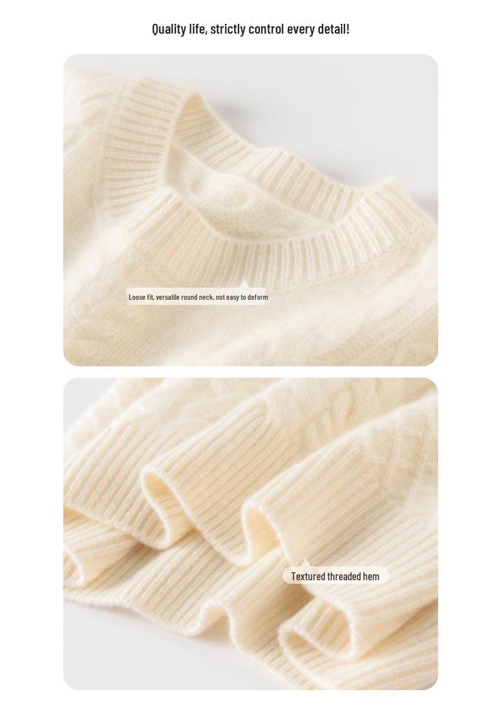 Women's Super Thick Cashmere Sweater: Round Neck, Soft, Fluffy, Loose Fit, Versatile Cable Knit for Autumn/Winter.
