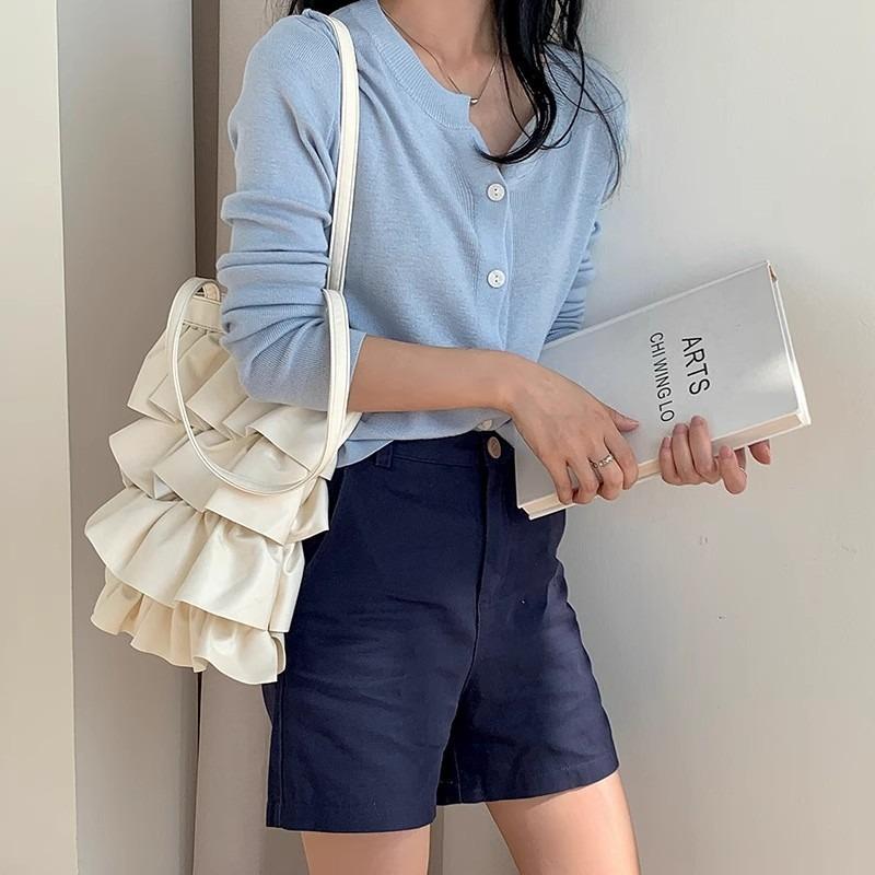 Large Capacity Ruffle Edge Shoulder Bag Women's Versatile Fashion Pleated Underarm Bag Sweet Wind Niche Bucket Bag