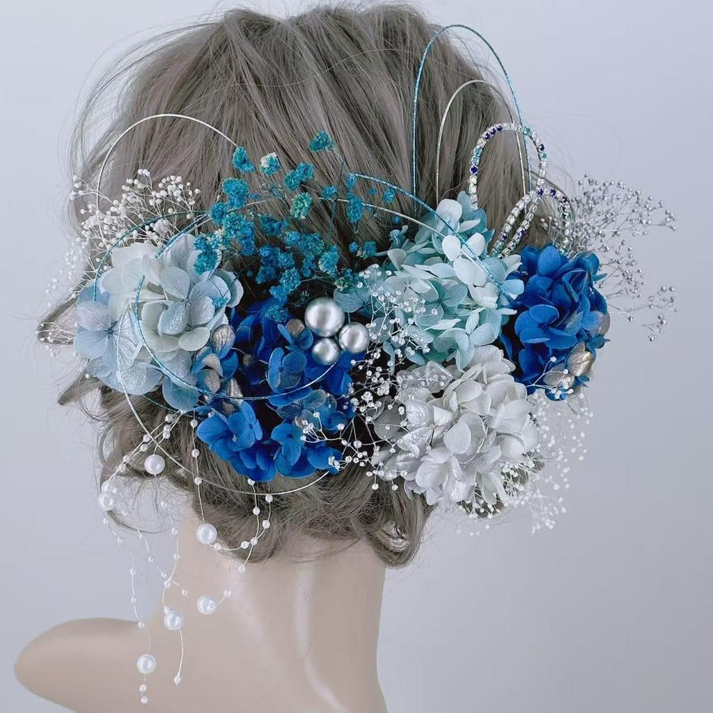 Hair Ornament for and and Gold Coming-of-Age Ceremonies, Graduations, Weddings Hydrangea, Baby's Breath, Pearl, Mizuhiki, Blue, White, Silver,