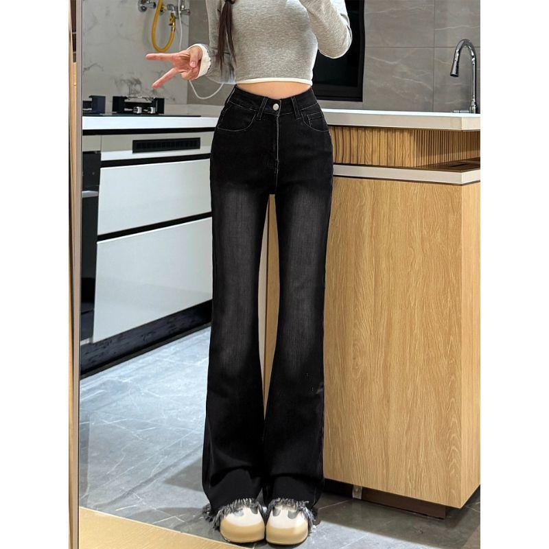 Women's Black-Grey Frayed Micro-Flare Jeans - Autumn Style, Plus Size, Stretchy, Slimming, for Curvy & Pear-Shaped Figures, Bell-Bottoms