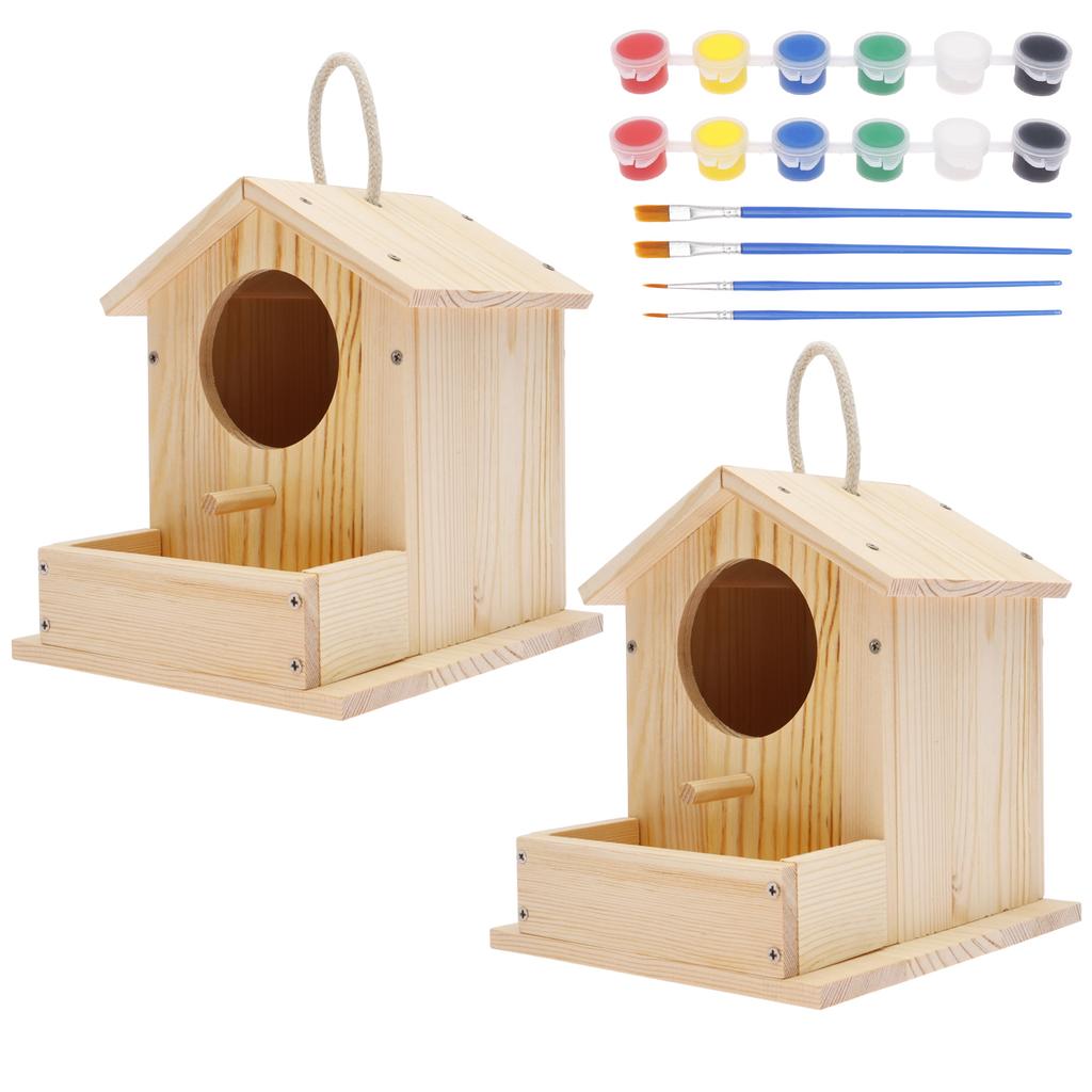 2Pcs Wooden Bird House DIY Birdhouse Building Kit with Paints Brushes Creative Bird Box Arts and Crafts Pet Supplies for Kids