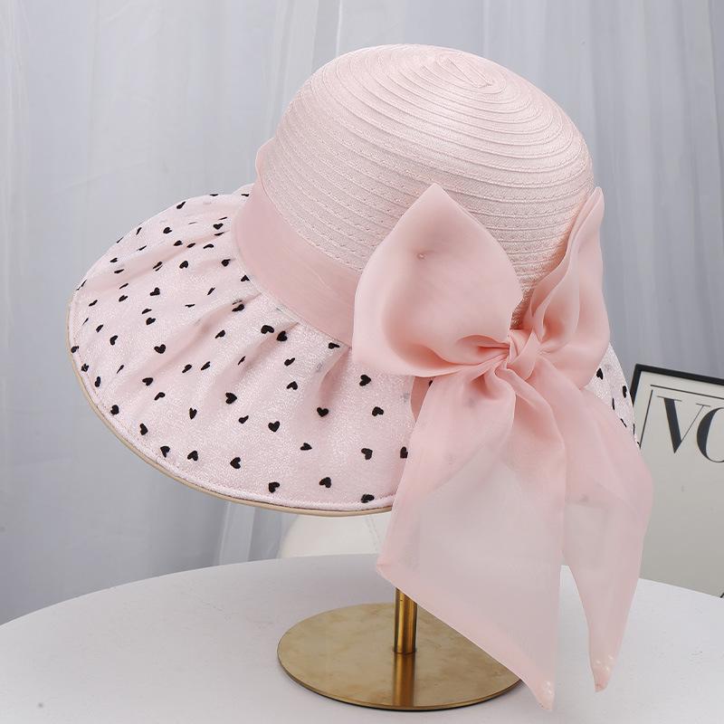 Spring and summer new mesh hat women's temperament elegant travel sun protection sun hat polka dot bow bucket hat