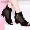 Feiern Sie 2025 Peep Toe Damen Sandalen Stiefel Damen PU Leder Sommer Mesh Schwarz Pumps Schuhe Sexy Niedrige Absätze Sandalias De Mujer