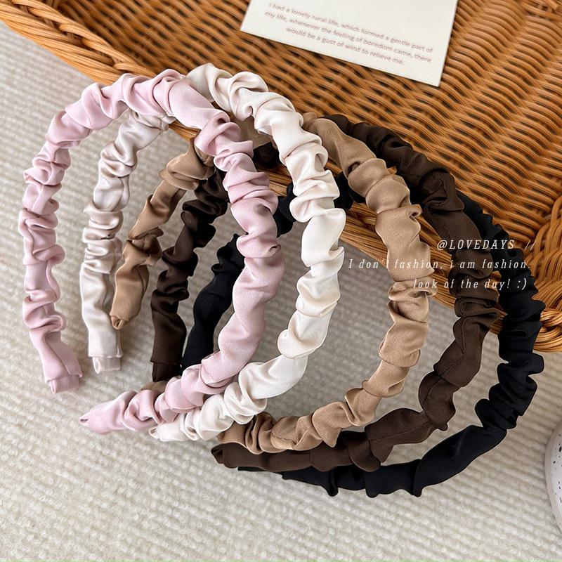 2023 Earth Tone Satin Pleated Headband: Mori Style, Thin Edge, High Crown, Ideal for Face Washing