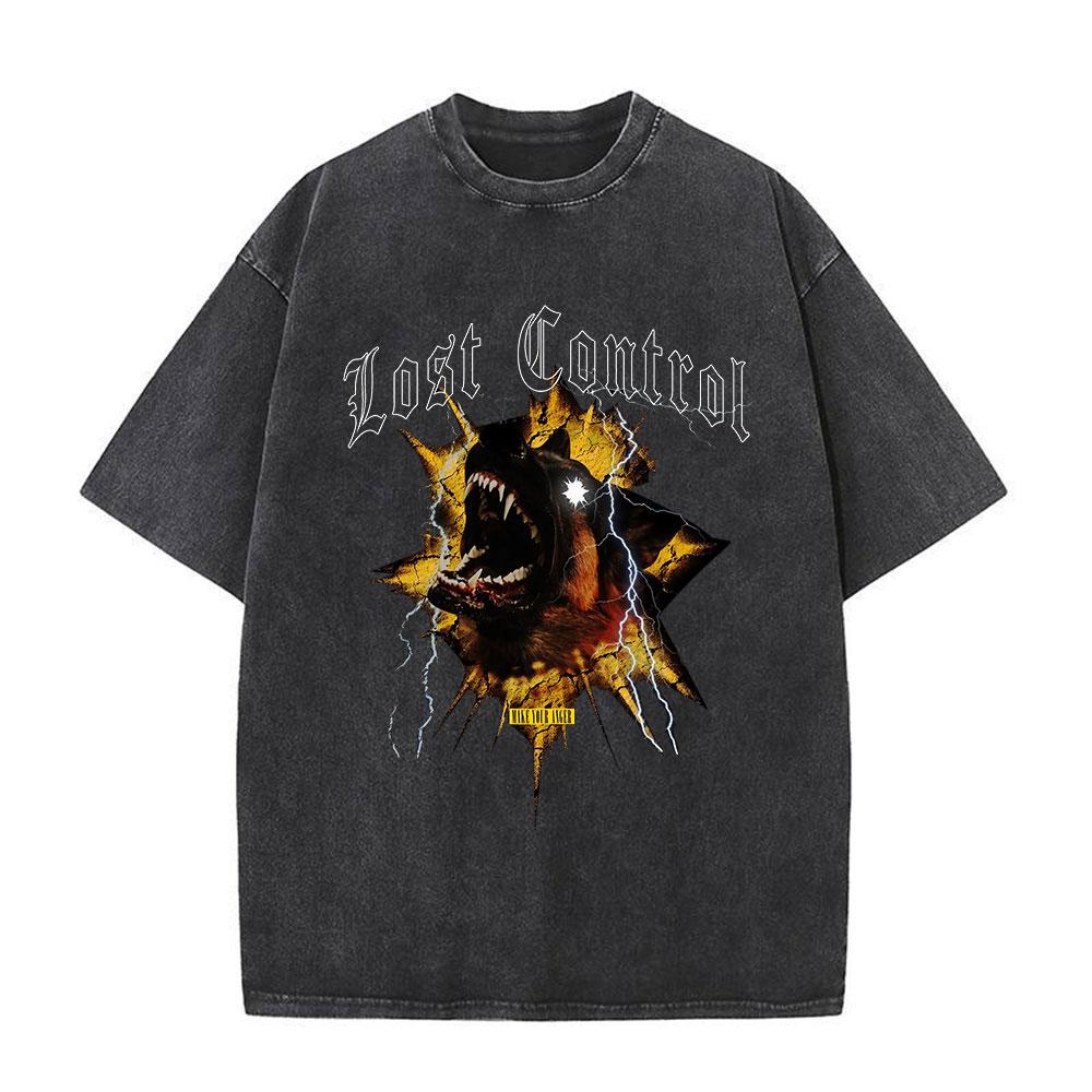 Men Washed T Shirt Oversized Streetwear Hip Hop Doberman Dog Graphic T-shirt Vintage Distressed Cotton Short Sleeve T-shirts