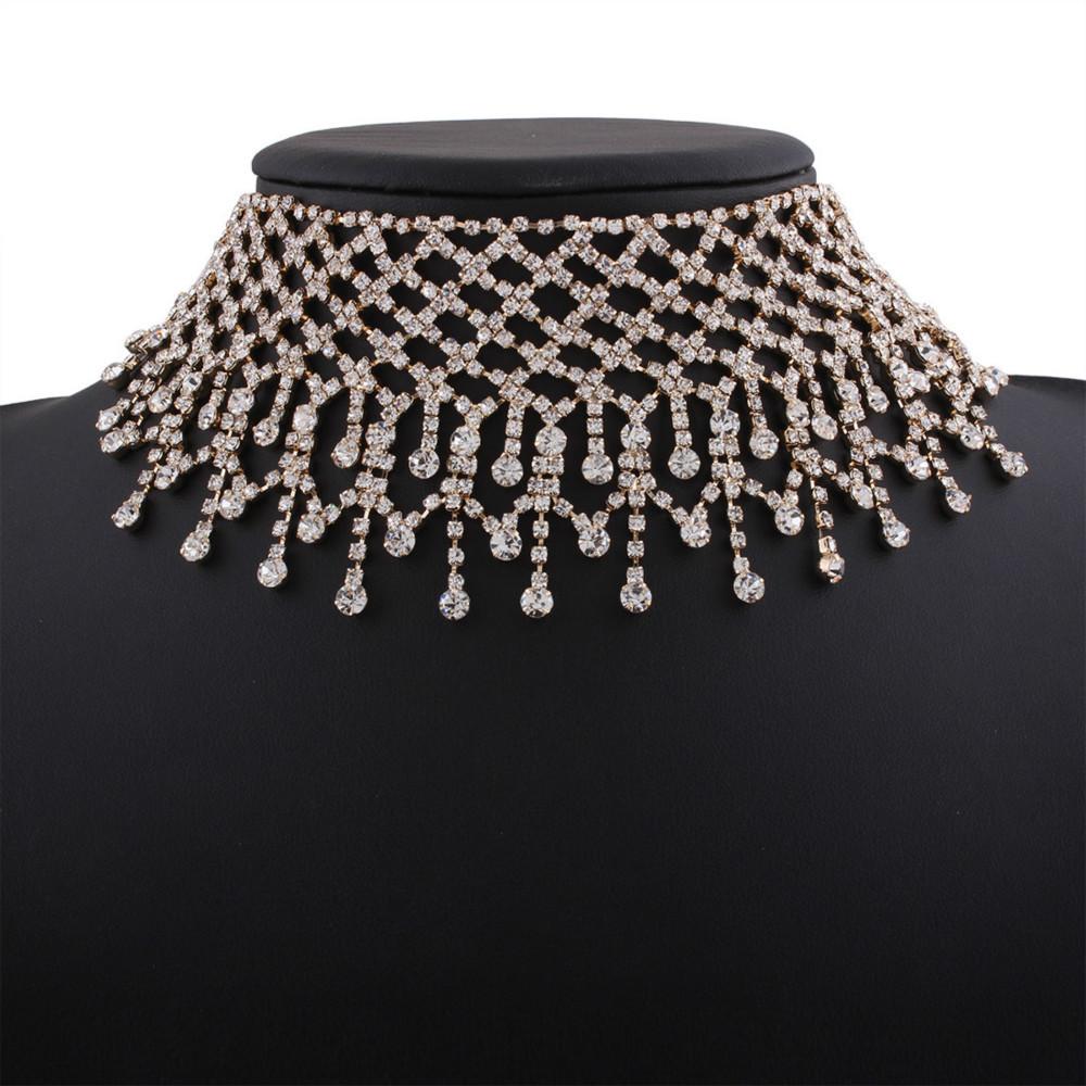 Damenhalskette, Volldiamant Retro Übertrieben Tropfenfransen Choker, Funkelndes Kristall Statement-Halsband