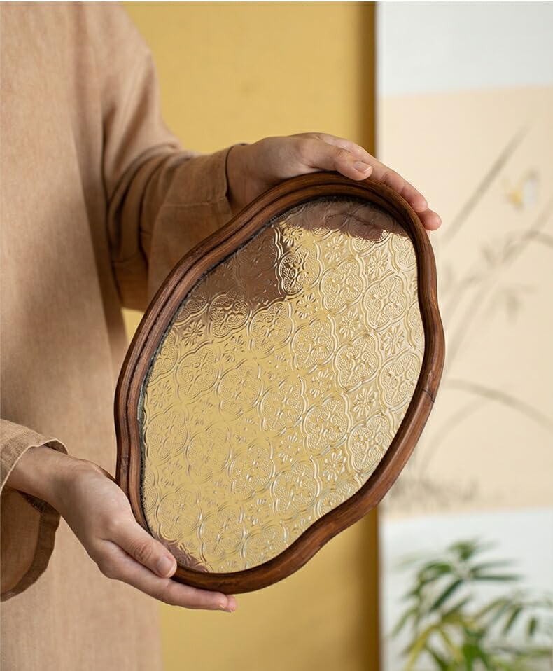 IwaiLoft [Chinoiserie Retro] Floral Glass Tray, Cloud-Shaped, Oval, Floral Design, 29cm35cm, Transparent, Glass Plate, Wooden, Cafe Tray, Tea Tray,