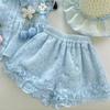 Girls Summer Preppy Flutter Sleeve Floral Blouse With Lace Trim Shorts Princess Two Piece Outfit Set