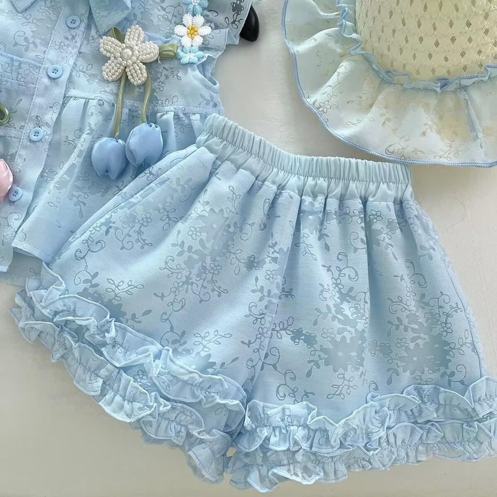 Girls Summer Preppy Flutter Sleeve Floral Blouse With Lace Trim Shorts Princess Two Piece Outfit Set